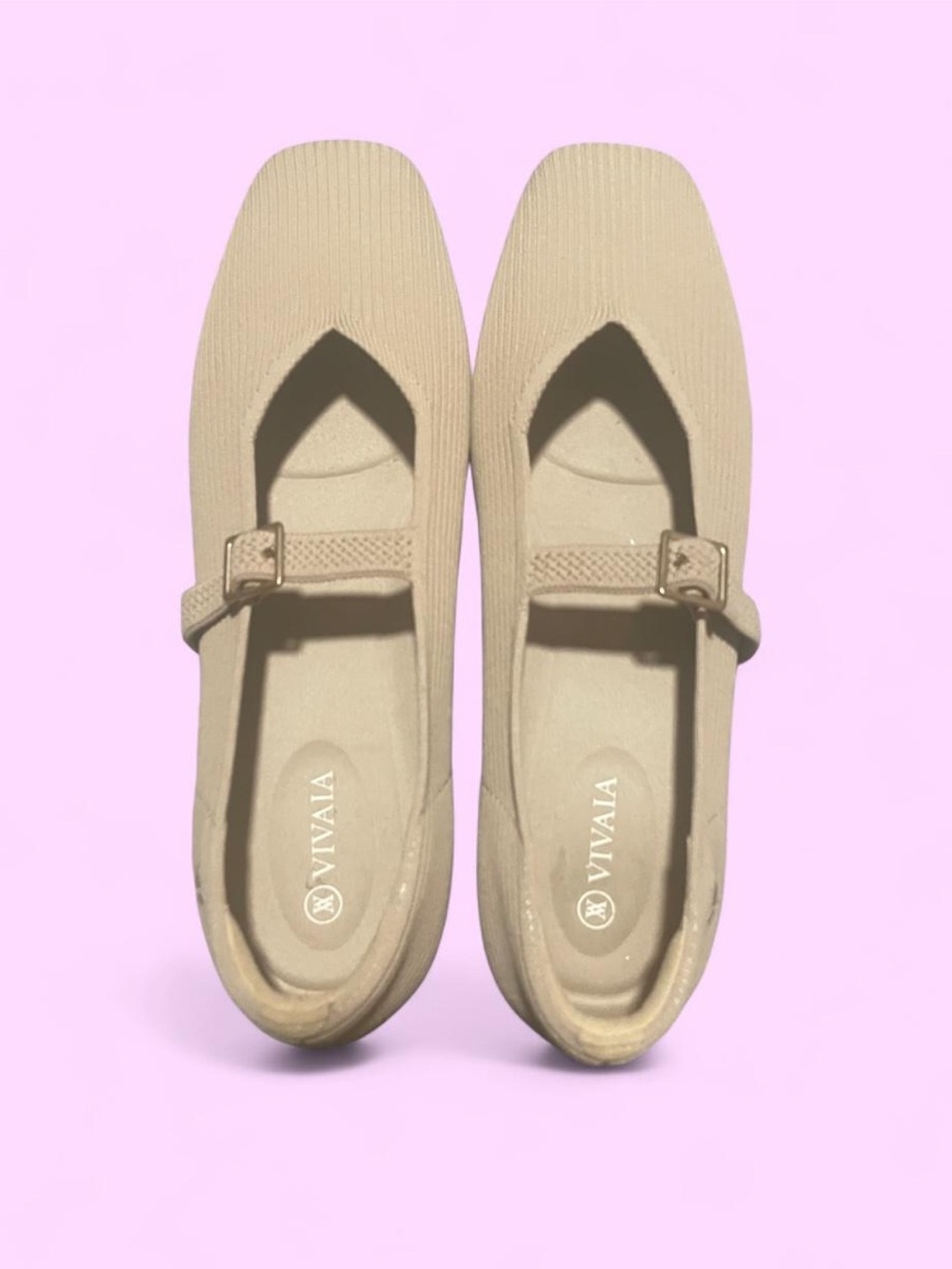 VIVAIA Beige Mary Jane Knit Flats with Buckle Strap